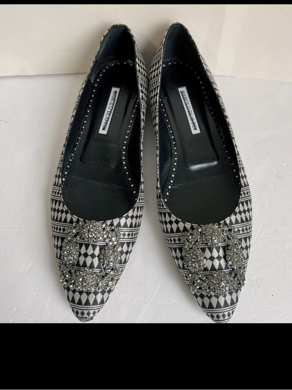 Manolo Blahnik Black & White Geometric Embellished Pointed Flats